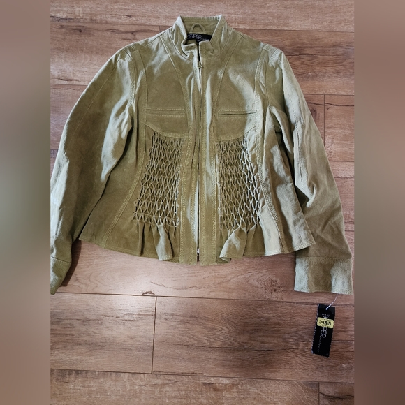 NWT Kasper Green Suede Leather Zip front Jacket Pleated Ruffled Women S PETITE - Picture 3 of 10